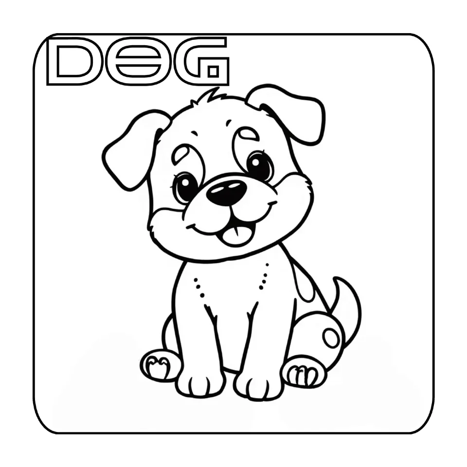 Dog coloring page: children color a happy sitting puppy beneath the outlined word DOG, an animal for the letter D