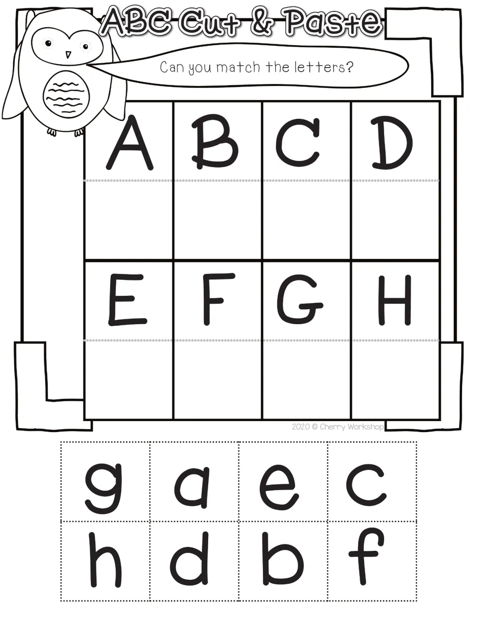 Alphabet cut-and-paste matching page 1: uppercase A–H and lowercase g, a, e, c, h, d, b, f to cut out.