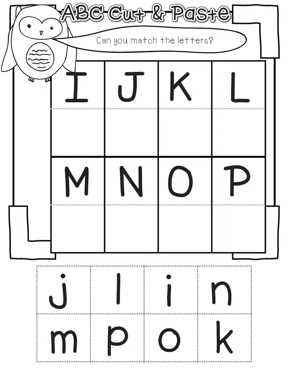 Alphabet cut-and-paste matching page 2: uppercase I–P and lowercase j, l, i, n, m, p, o, k to cut out.
