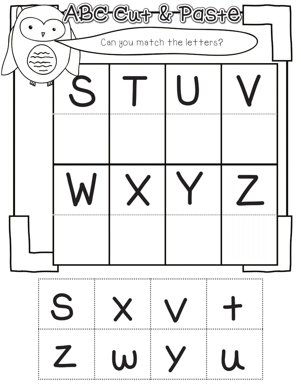 Alphabet cut-and-paste matching page 3: uppercase S–Z and lowercase s, x, v, t, z, w, y, u to cut out.