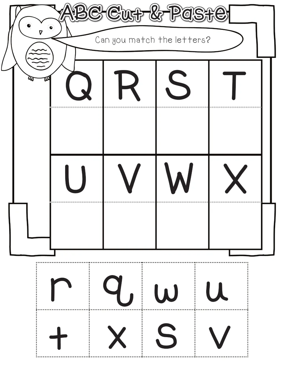 Alphabet cut-and-paste matching page 4: uppercase Q–X and lowercase r, q, w, u, t, x, s, v to cut out.