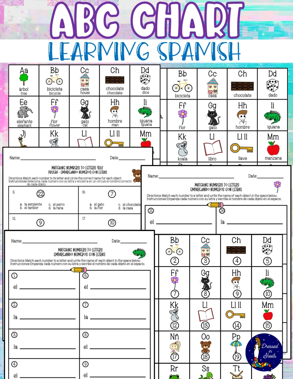 ABC Chart: Learning Spanish cover showing the illustrated Spanish alphabet chart, numbered chart, matching sheets and quiz