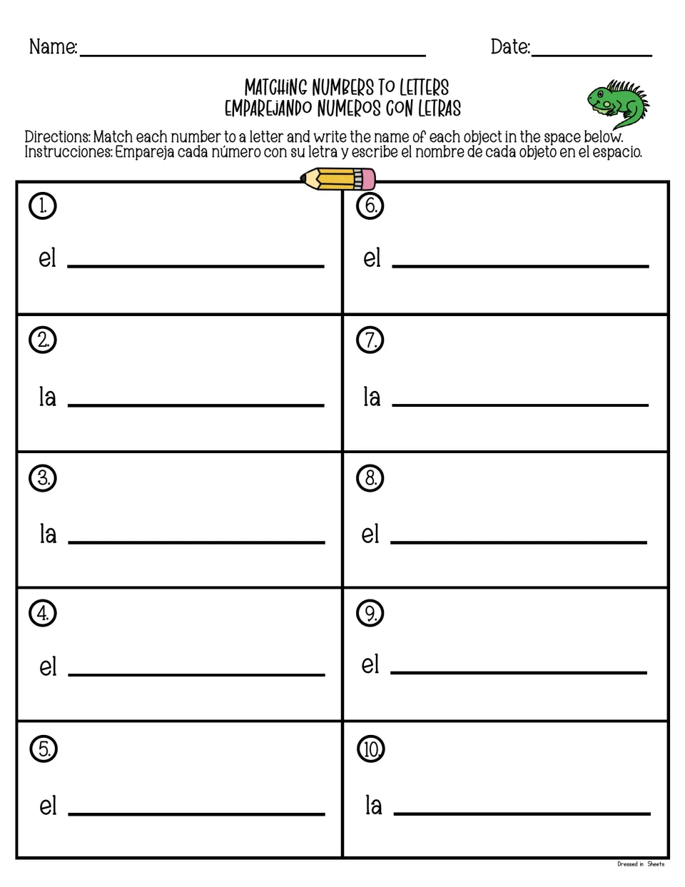 Matching numbers to letters, items 1-10: students find each number on the chart and write the Spanish name after el or la
