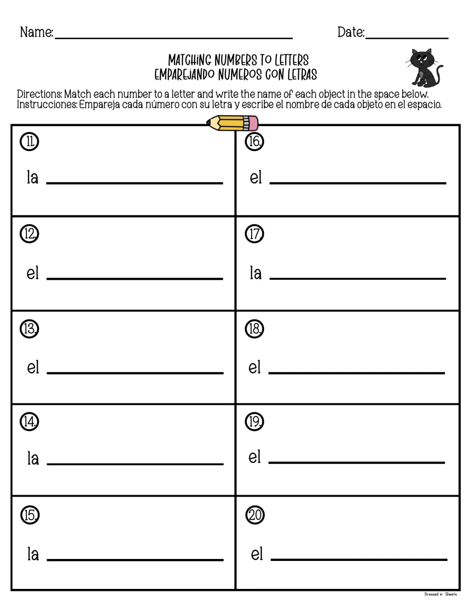 Matching numbers to letters, items 11-20: students write the Spanish name for each numbered picture after el or la