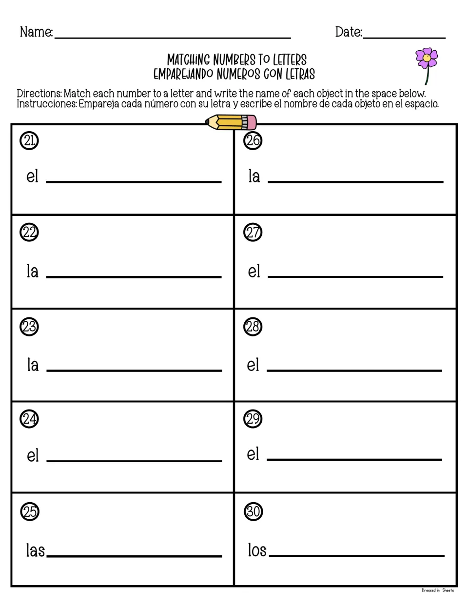 Matching numbers to letters, items 21-30: students write each object's Spanish name after el, la, las or los