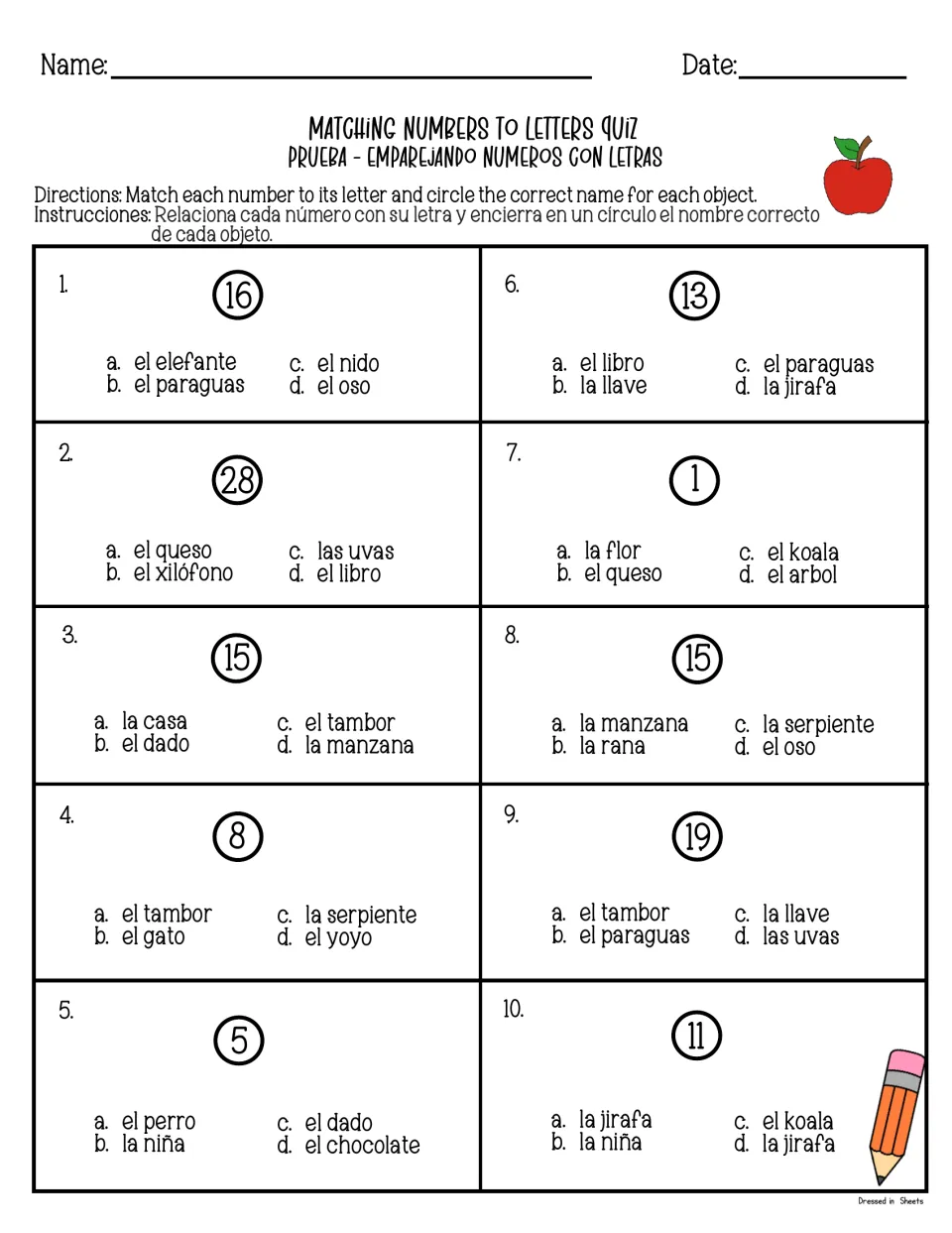 Matching numbers to letters quiz, items 1-10: students match each number to its letter and circle the correct Spanish name