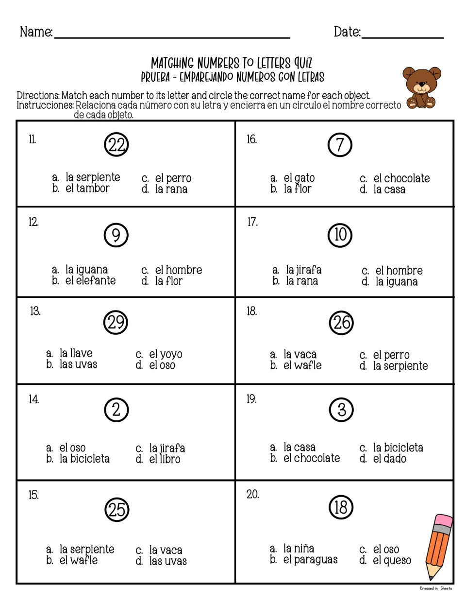Spanish vocabulary quiz, items 11-20: for each chart number, students pick from four names such as la rana or el gato