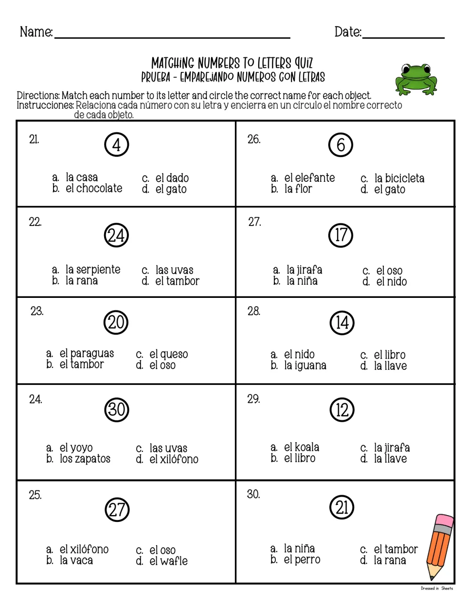 Quiz items 21-30 with bilingual directions: students circle the Spanish name for chart numbers like 4, 24 and 30