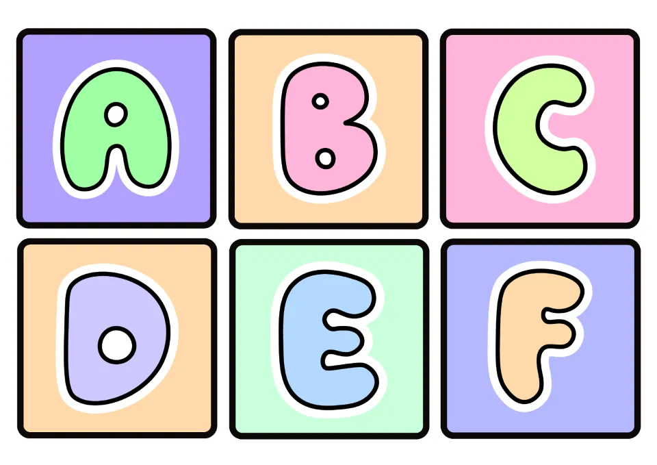 Alphabet flashcards A, B, C, D, E, and F: the first six uppercase letters in the classroom decor set