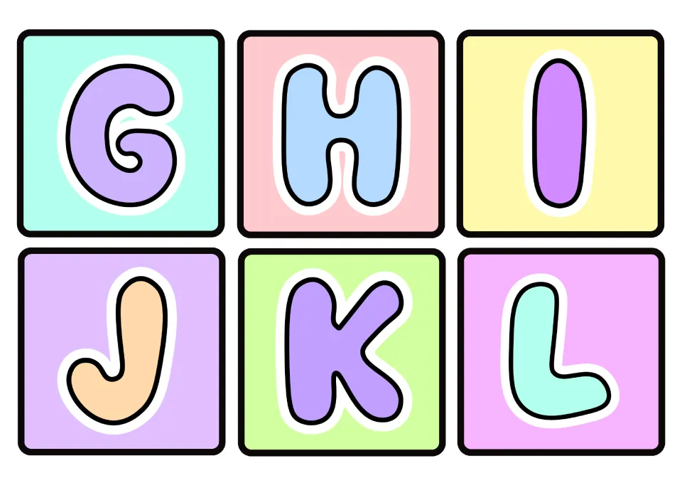 Alphabet flashcards G, H, I, J, K, and L: uppercase letter cards 7–12 in the classroom decor set
