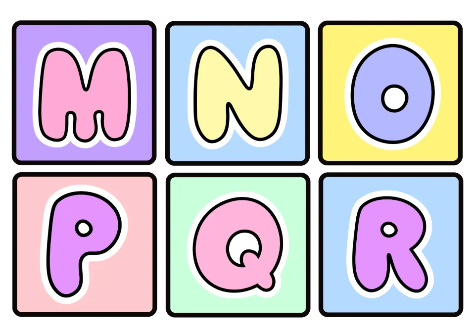 Alphabet flashcards M, N, O, P, Q, and R: uppercase letter cards 13–18 in the classroom decor set