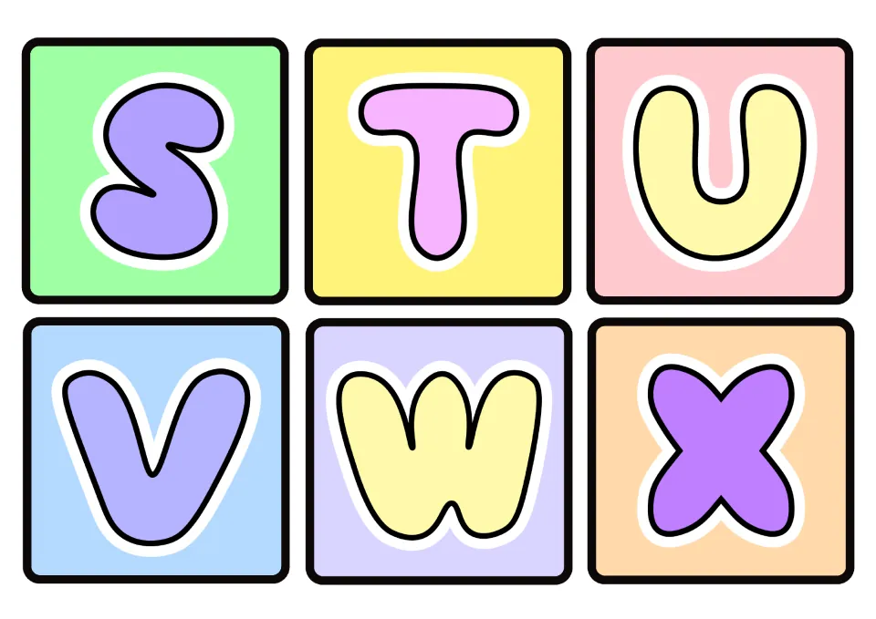 Alphabet flashcards S, T, U, V, W, and X: uppercase letter cards 19–24 in the classroom decor set