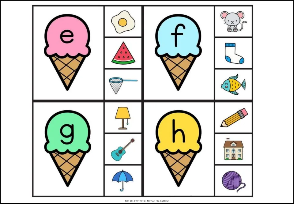 Alphabet clip cards e–h, each with three picture choices, including an egg, fish, guitar, and house