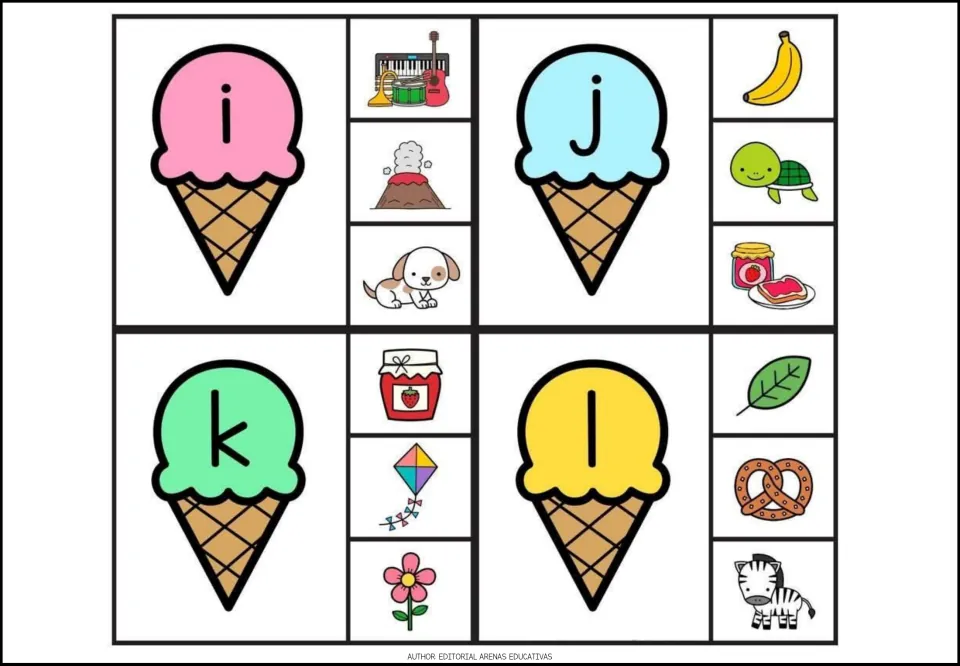 Alphabet clip cards i–l, each with three picture choices, including instruments, jam, a kite, and a leaf