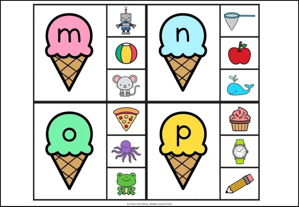 Alphabet clip cards m–p, each with three picture choices, including a mouse, net, octopus, and pencil