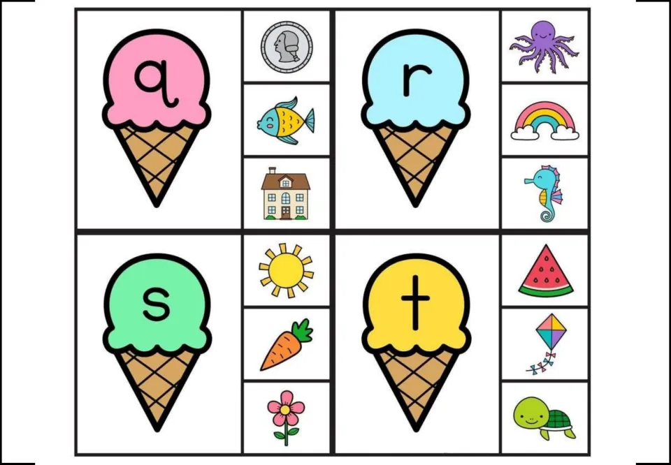 Alphabet clip cards q–t, each with three picture choices, including a coin, rainbow, sun, and turtle