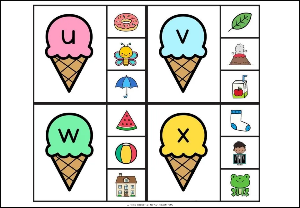 Alphabet clip cards u–x with three picture choices each, including an umbrella, volcano, and watermelon