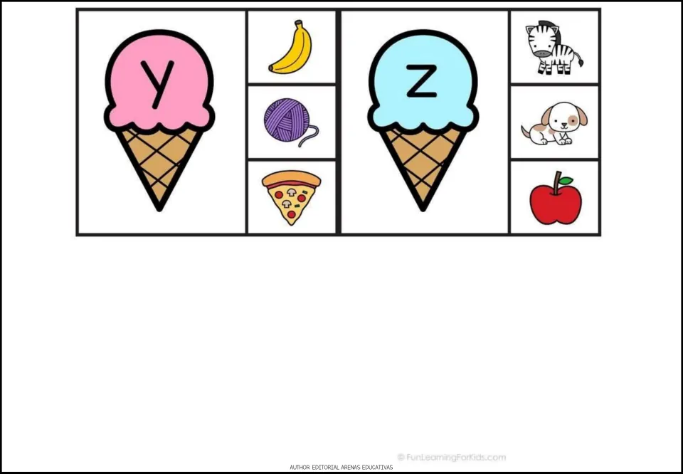 Final alphabet clip cards y and z: y has banana, yarn, and pizza choices; z has zebra, dog, and apple