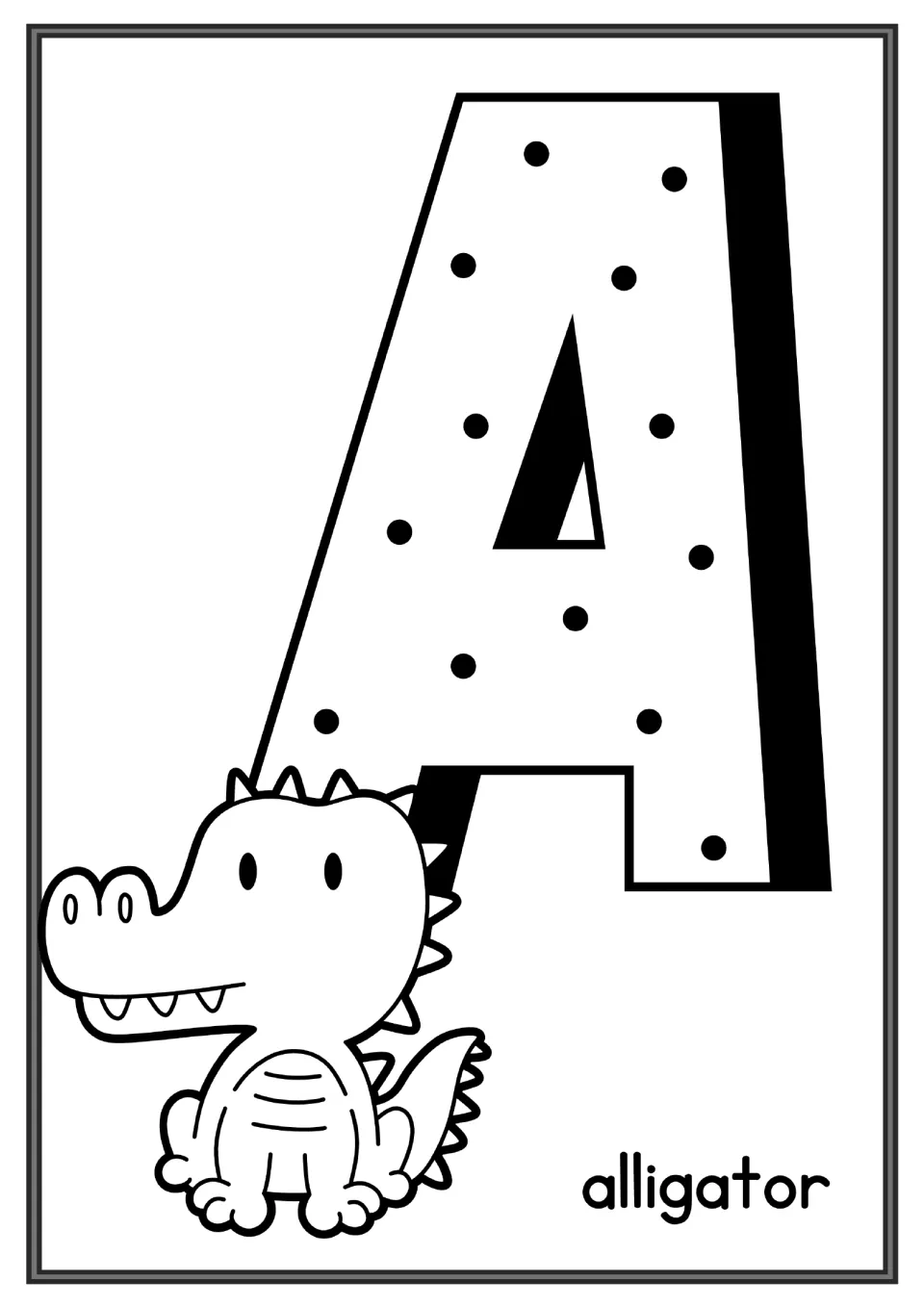 Letter A coloring page: students color a large dotted capital A and a cartoon alligator labeled alligator