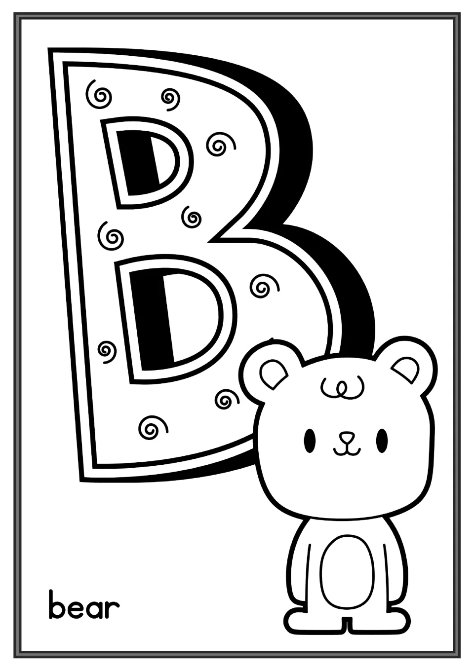 Letter B coloring page: children color a capital B decorated with swirls next to a smiling bear and the word bear