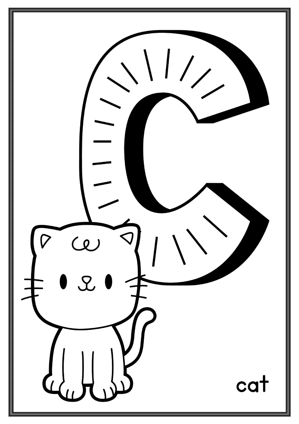 Letter C coloring page: a large capital C with sunburst dashes and a sitting kitten labeled cat, ready to color in