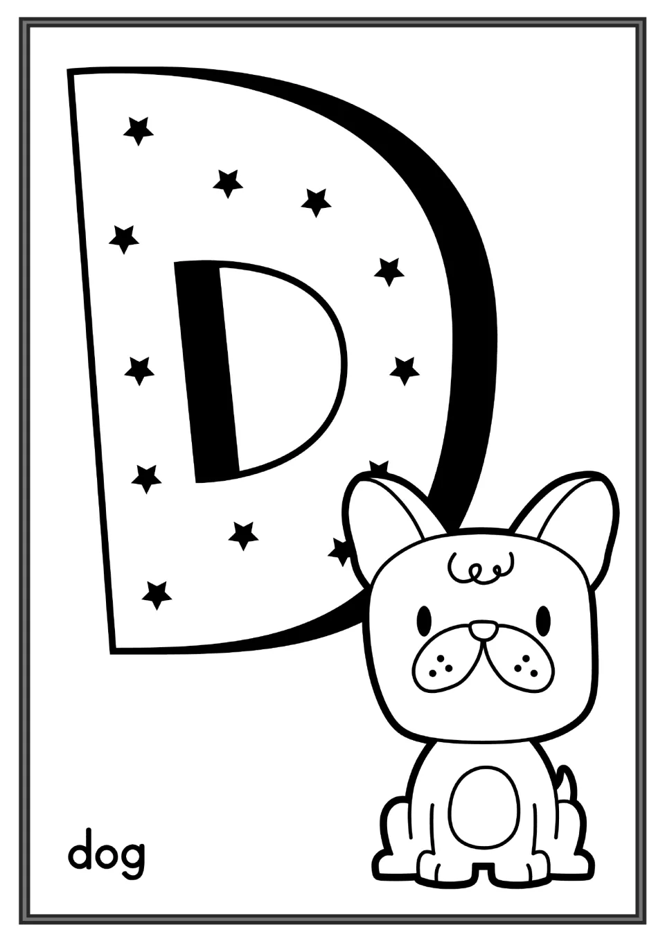 Letter D coloring page: students color a star-patterned capital D and a sitting puppy, with the word dog printed below