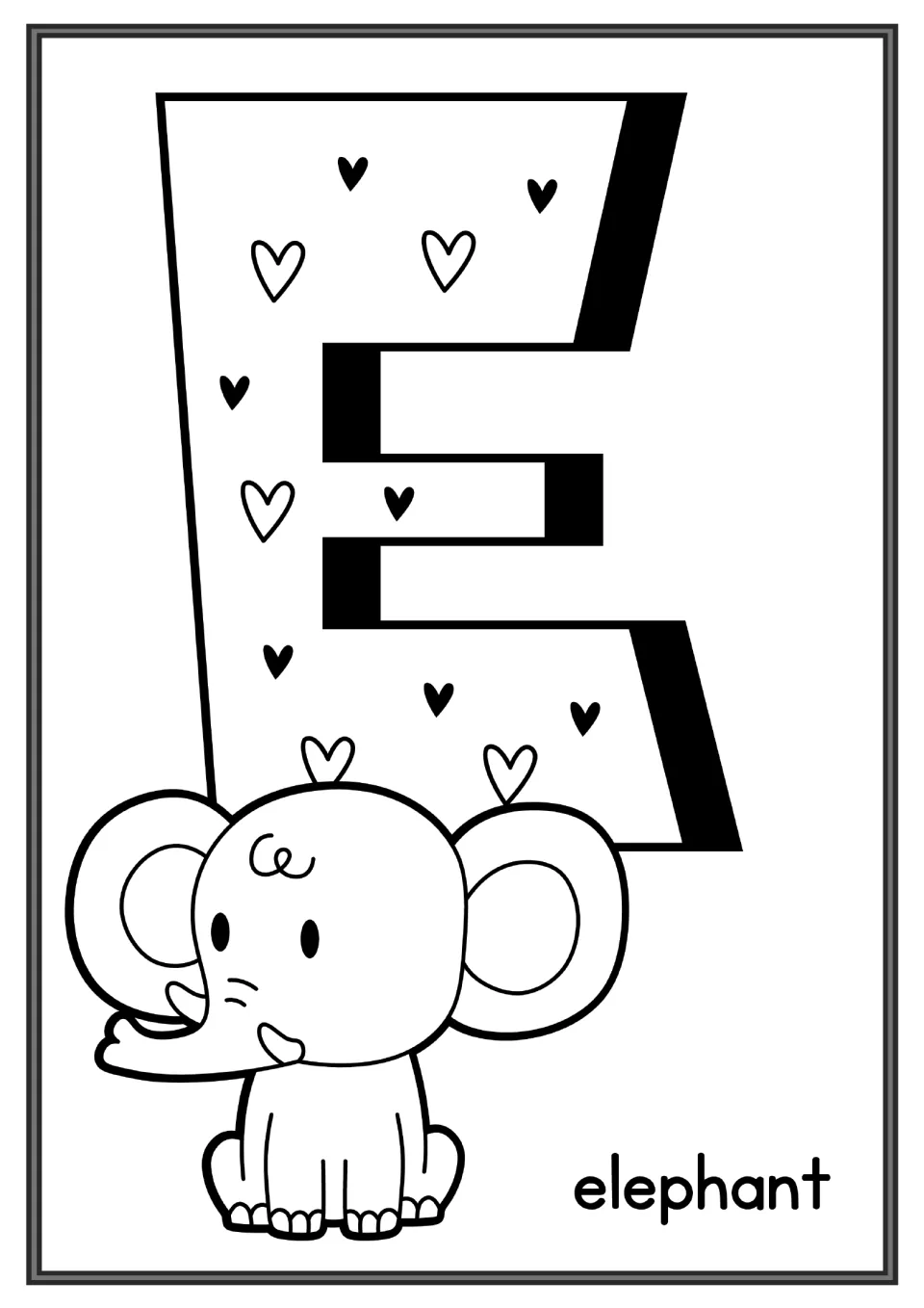 Letter E coloring page: a capital E filled with little hearts beside a baby elephant and the label elephant to color