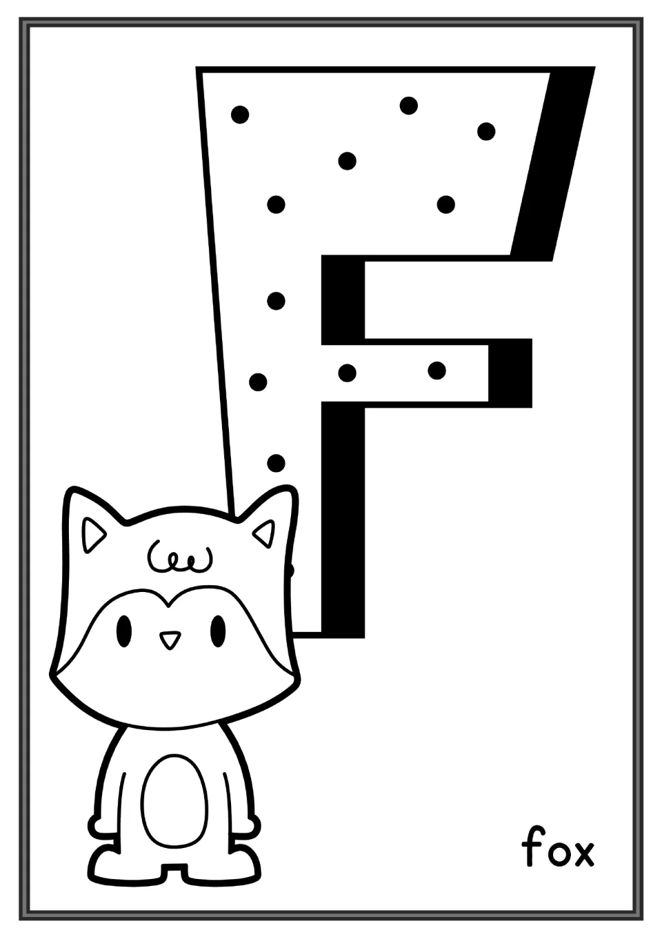 Letter F coloring page: kids color a polka-dot capital F and a standing fox, with the word fox in the corner