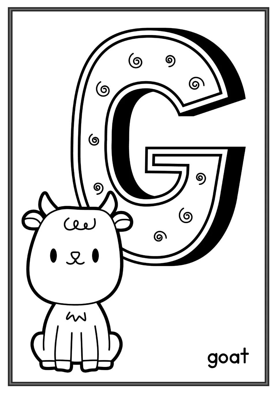 Letter G coloring page: a capital G with spiral swirls and a little horned goat sitting beside it, labeled goat