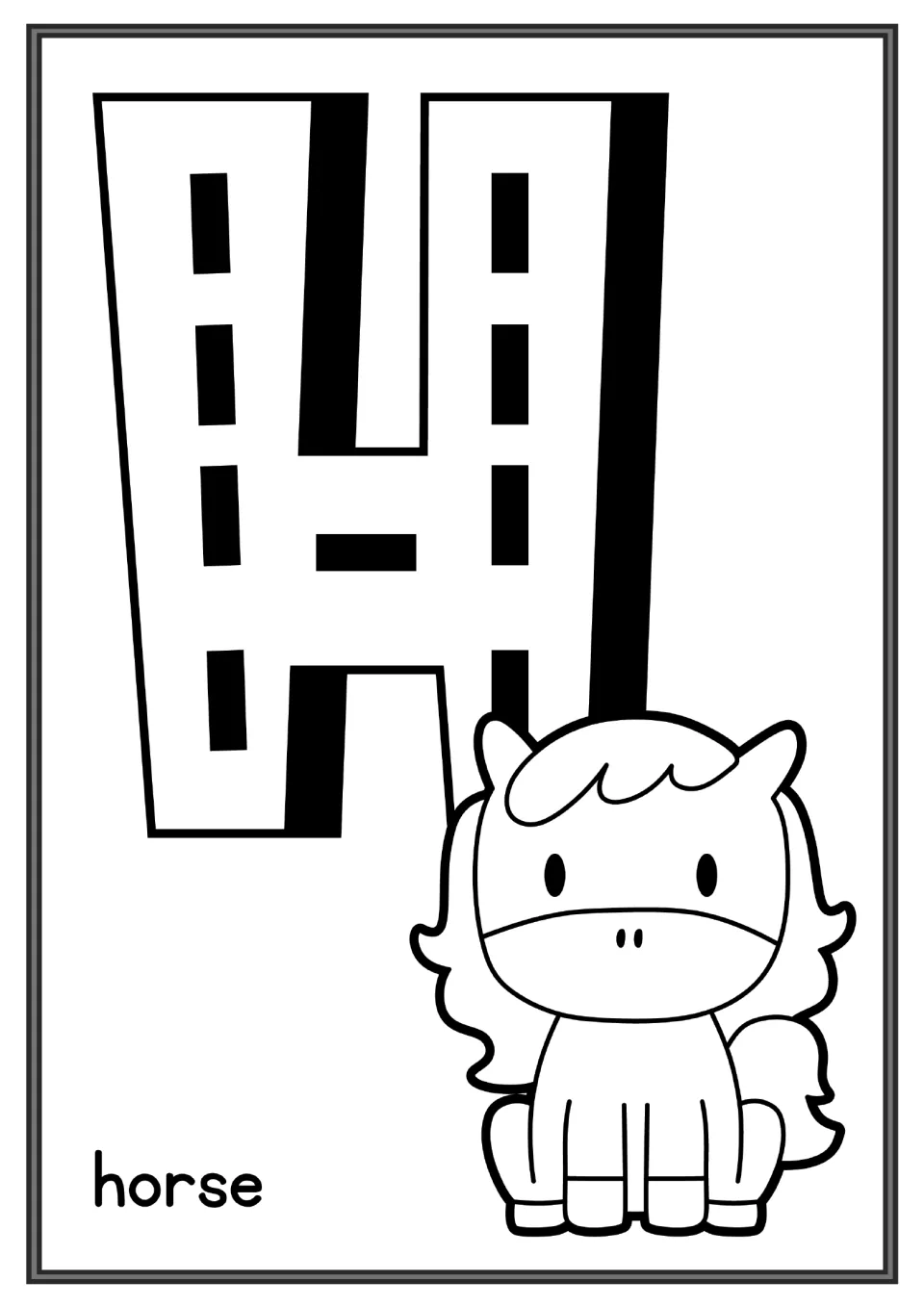 Letter H coloring page: students color a capital H marked with dashes and a pony with a curly mane, word horse
