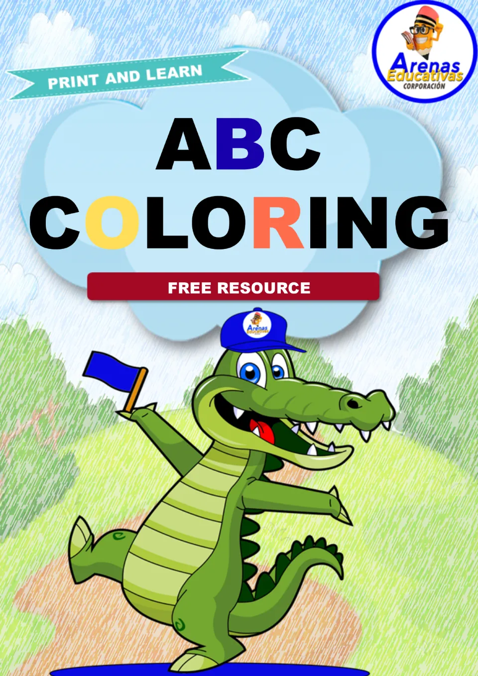 ABC Coloring cover from Arenas Educativas: a free print-and-learn resource shown by a cartoon crocodile waving a blue flag