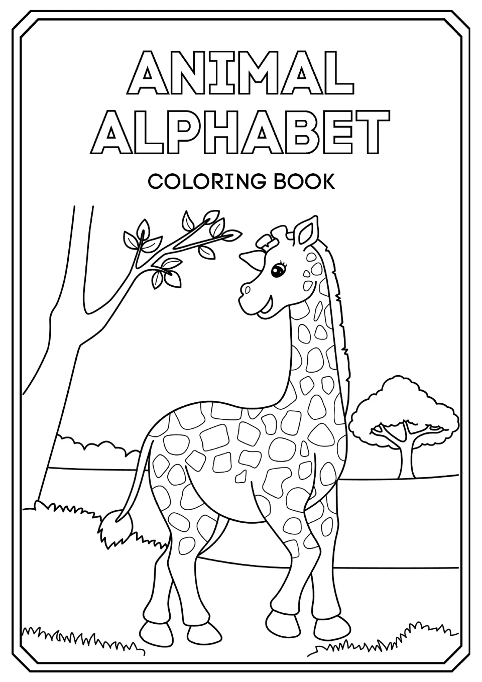 Animal Alphabet Coloring Book title page: a giraffe nibbling leaves in a savanna scene for students to color in