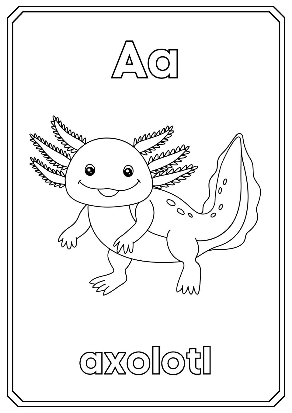 Letter A: students color the bubble letters Aa, a smiling axolotl with feathery gills and the word axolotl