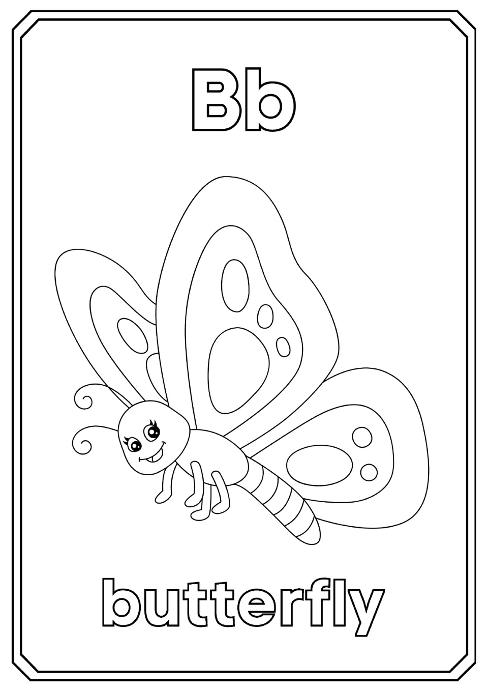 Letter B: students color the bubble letters Bb, a smiling butterfly with spotted wings and the word butterfly