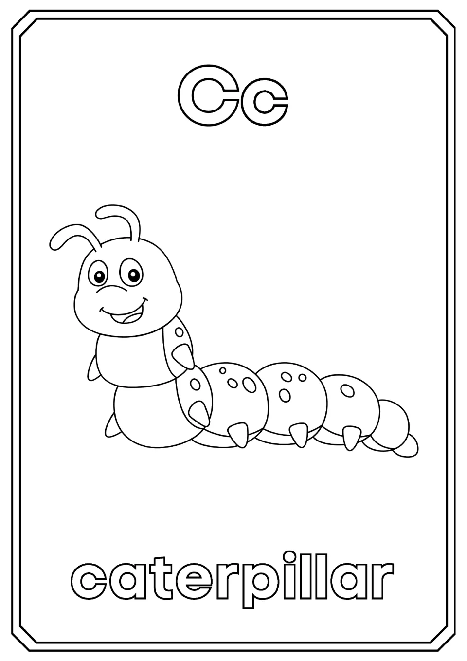 Letter C: students color the bubble letters Cc, a cheerful spotted caterpillar and the word caterpillar below it