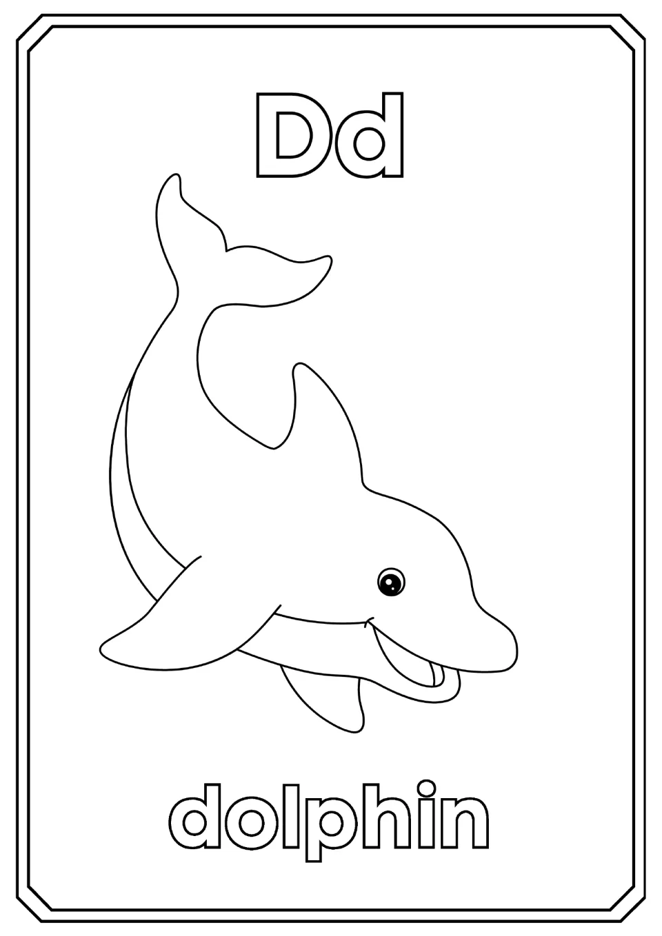Letter D: students color the bubble letters Dd, a smiling dolphin diving downward and the word dolphin at the bottom