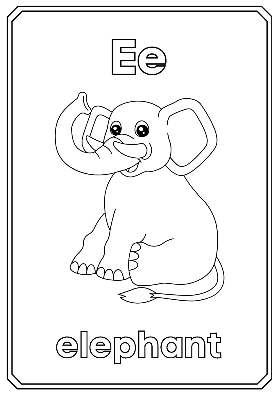 Letter E: students color the bubble letters Ee, a sitting elephant with its trunk raised and the word elephant