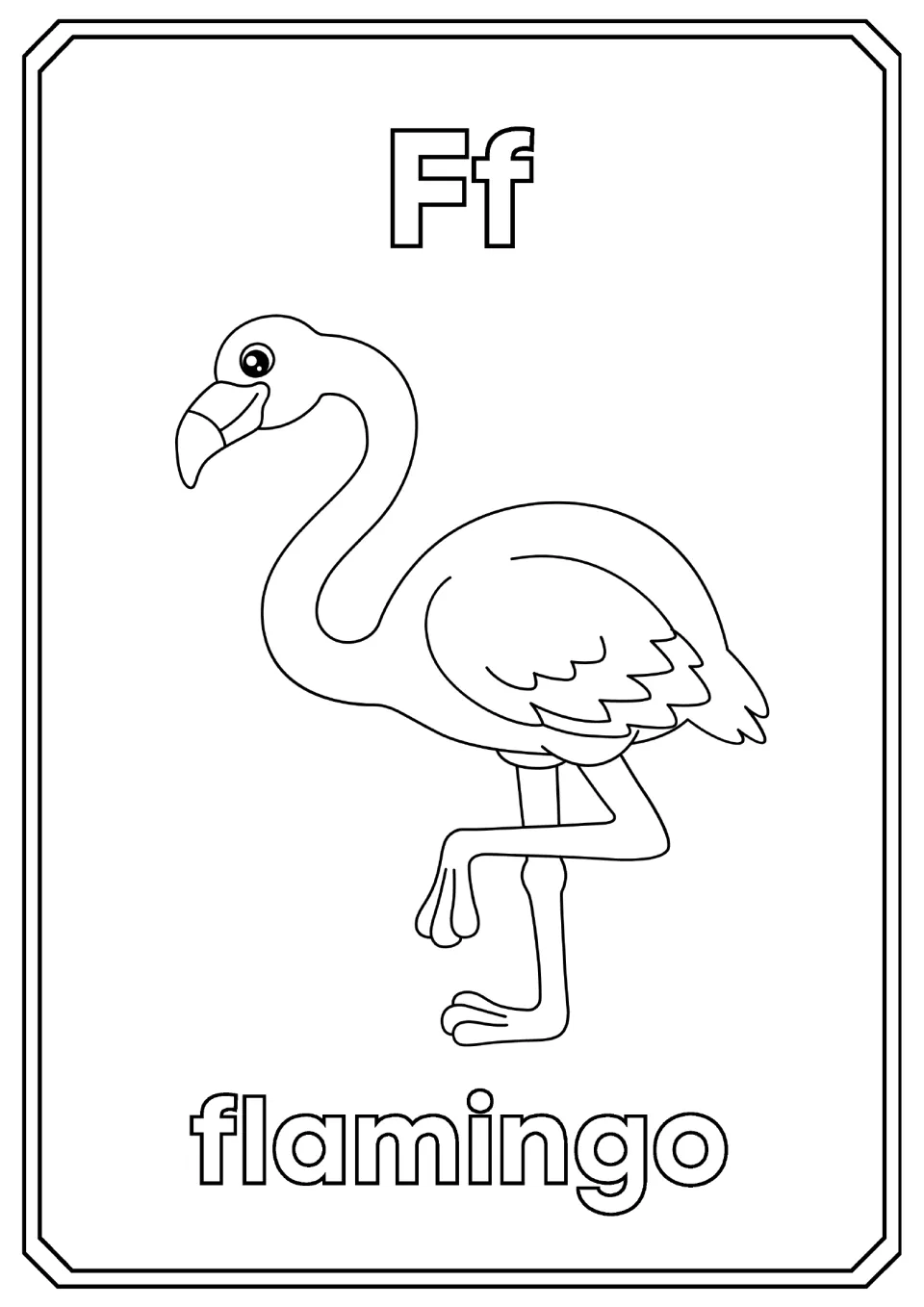 Letter F: students color the bubble letters Ff, a flamingo standing on one leg and the word flamingo beneath it