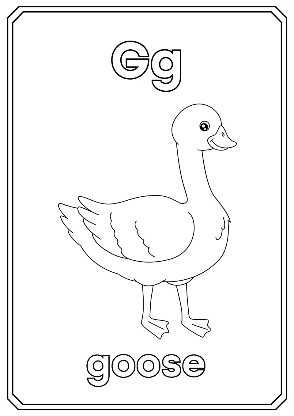 Letter G: students color the bubble letters Gg, a smiling goose with webbed feet and the word goose at the bottom