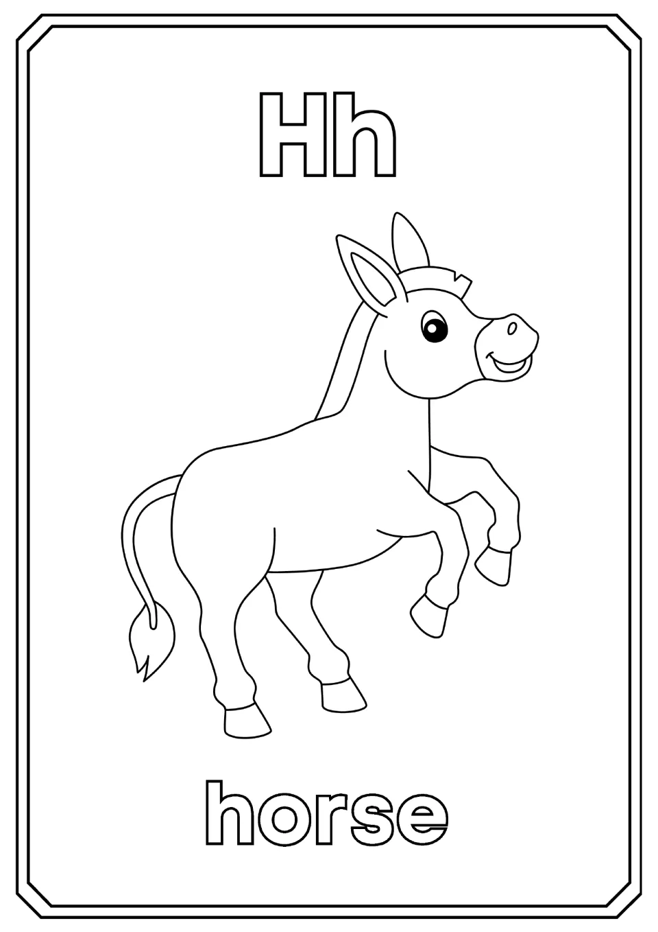 Letter H: students color the bubble letters Hh, a prancing horse with a tufted tail and the word horse beneath it