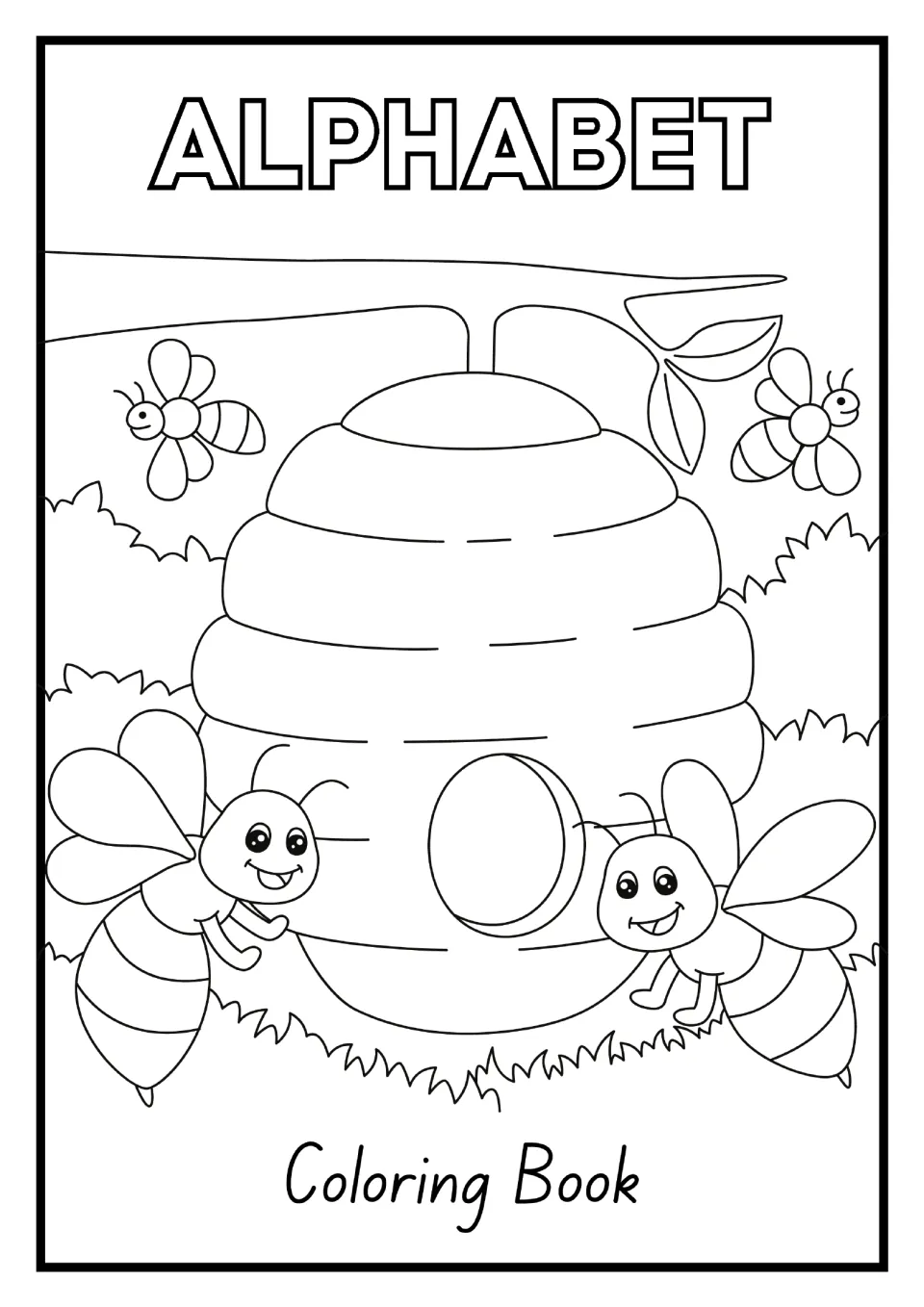 Alphabet mini book coloring title page labeled 'ALPHABET' and 'Coloring Book', with bees around a hive