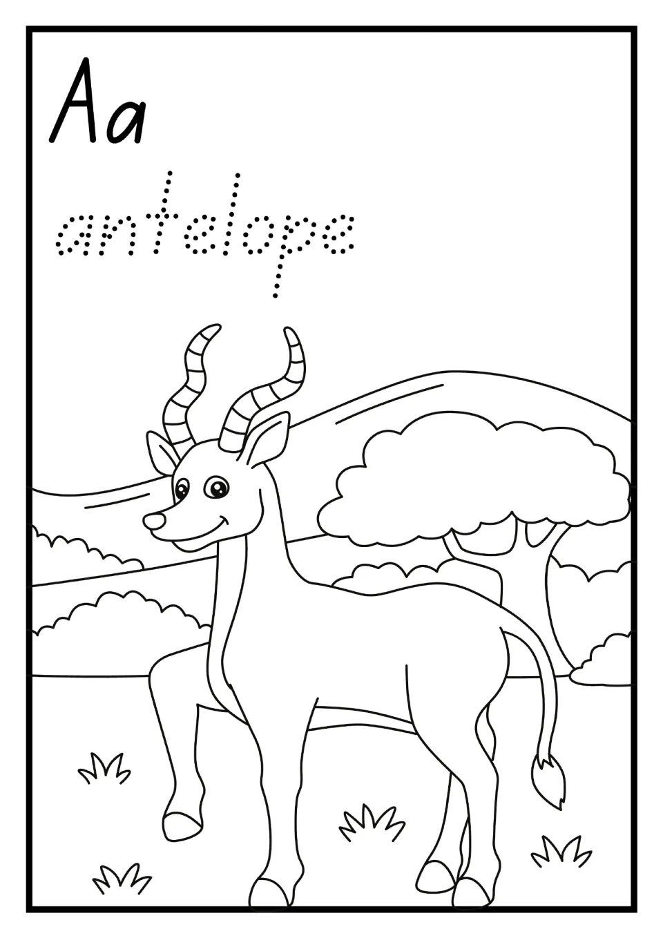 Alphabet mini book letter A page: uppercase and lowercase Aa, dotted 'antelope', and an antelope to color