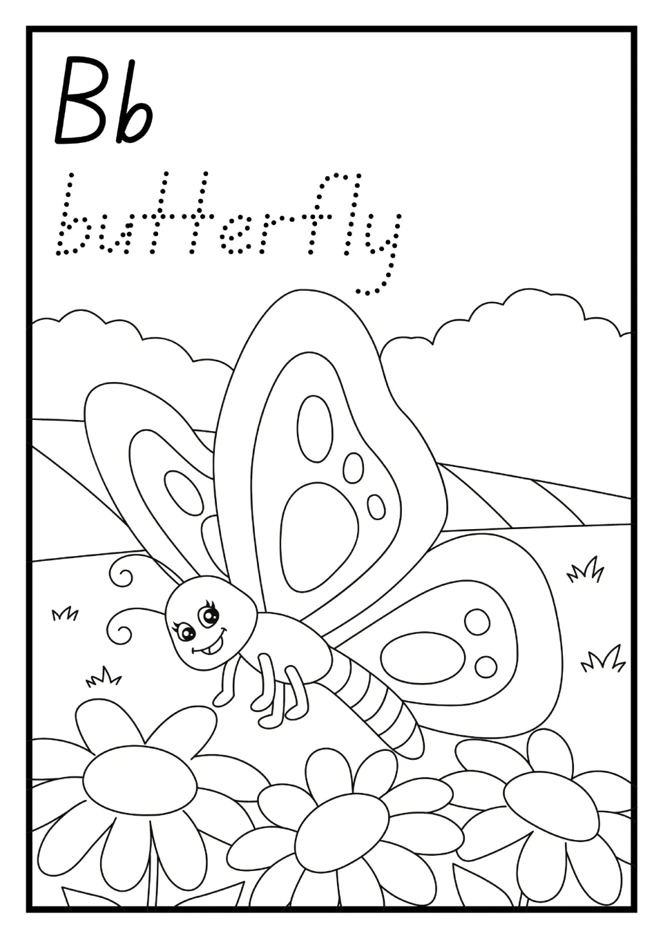 Alphabet mini book letter B page: uppercase and lowercase Bb, dotted 'butterfly', and a butterfly to color