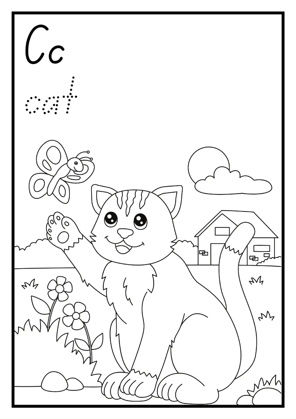 Alphabet mini book letter C page: uppercase and lowercase Cc, dotted 'cat', and a cat outdoors to color