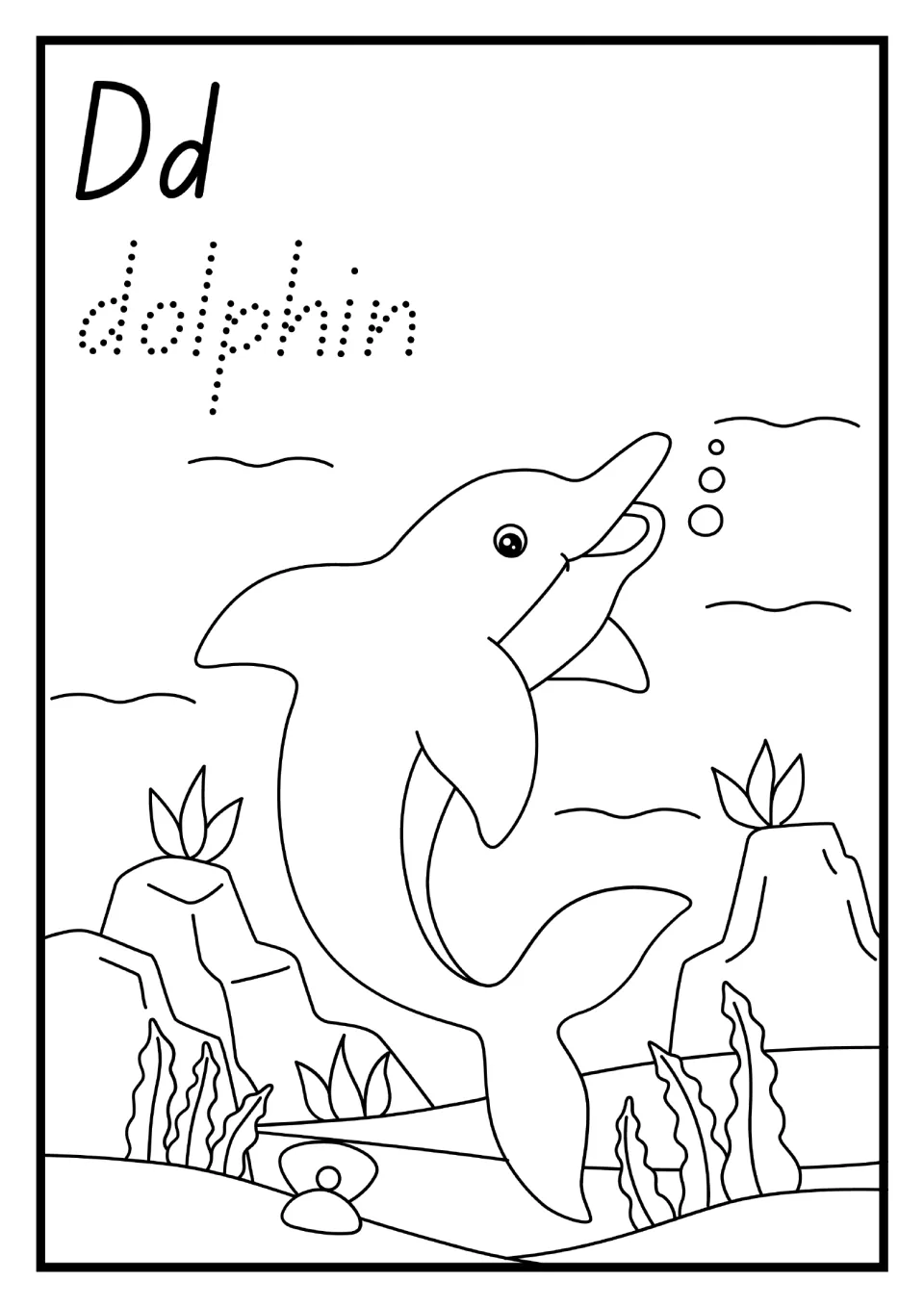 Alphabet mini book letter D page: uppercase and lowercase Dd, dotted 'dolphin', and a dolphin to color