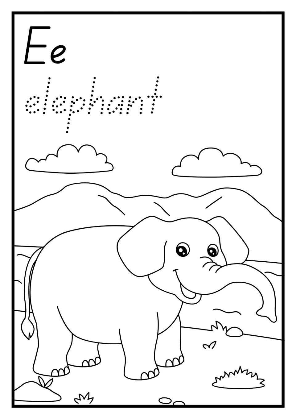 Alphabet mini book letter E page: uppercase and lowercase Ee, dotted 'elephant', and an elephant to color