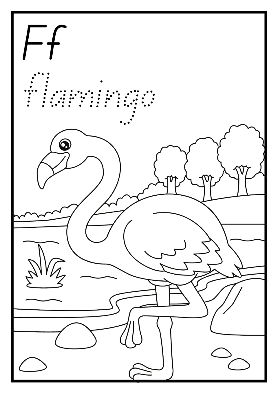 Alphabet mini book letter F page: uppercase and lowercase Ff, dotted 'flamingo', and a flamingo to color