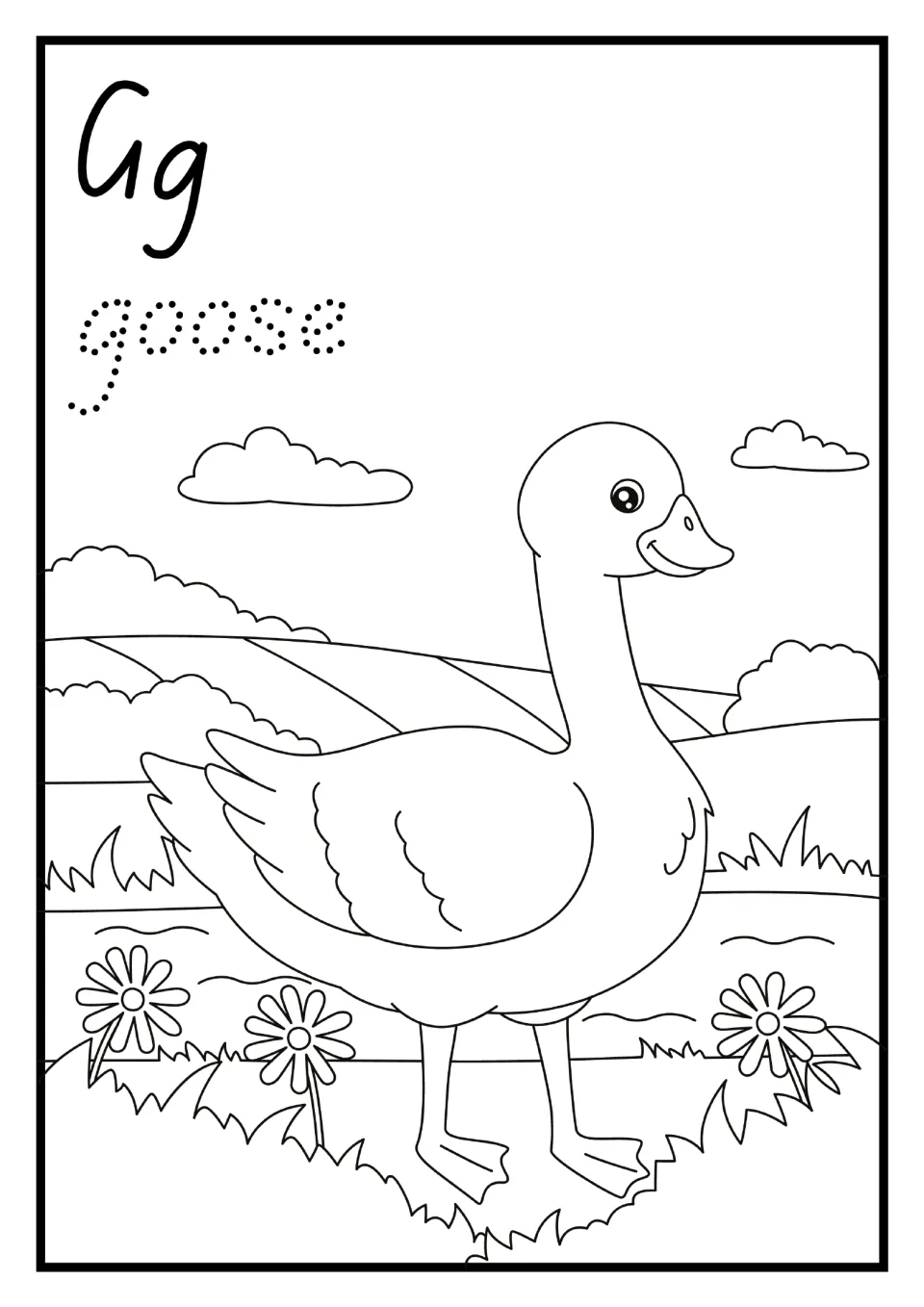 Alphabet mini book letter G page: uppercase and lowercase Gg, dotted 'goose', and a goose to color