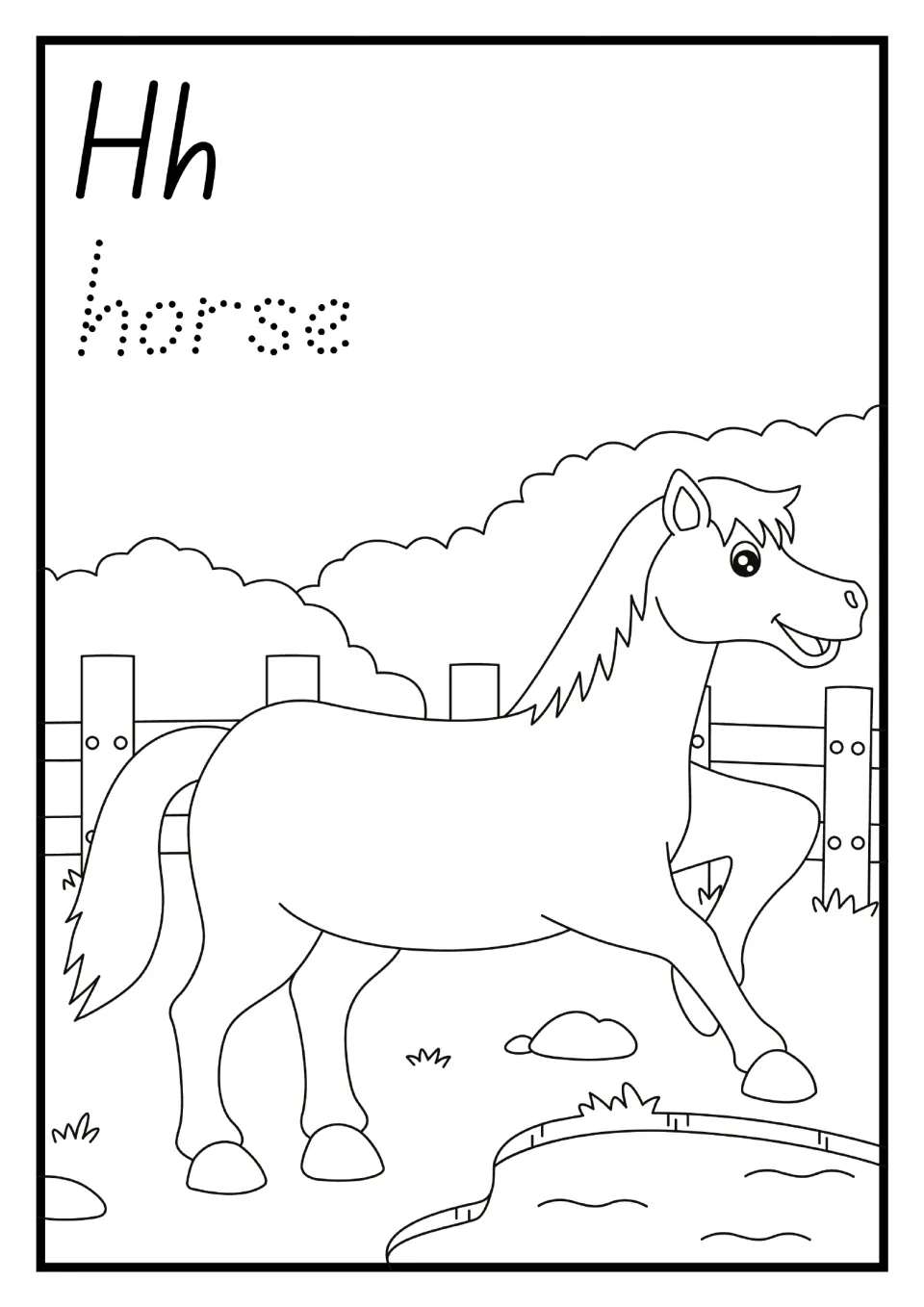 Alphabet mini book letter H page: uppercase and lowercase Hh, dotted 'horse', and a horse to color
