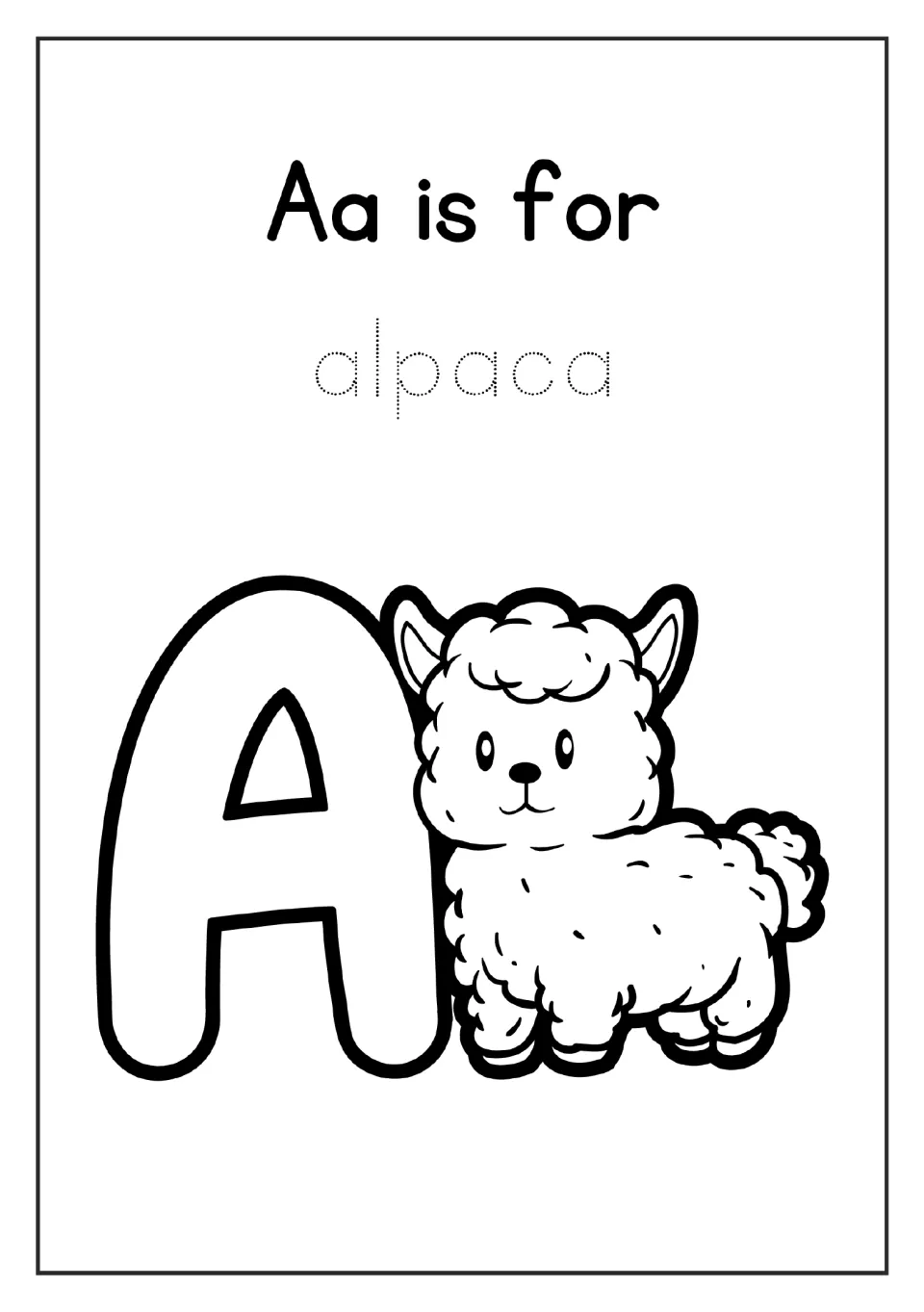 Letter A coloring page in the alphabet mini book: 'Aa is for', the word 'alpaca' to trace, and an alpaca